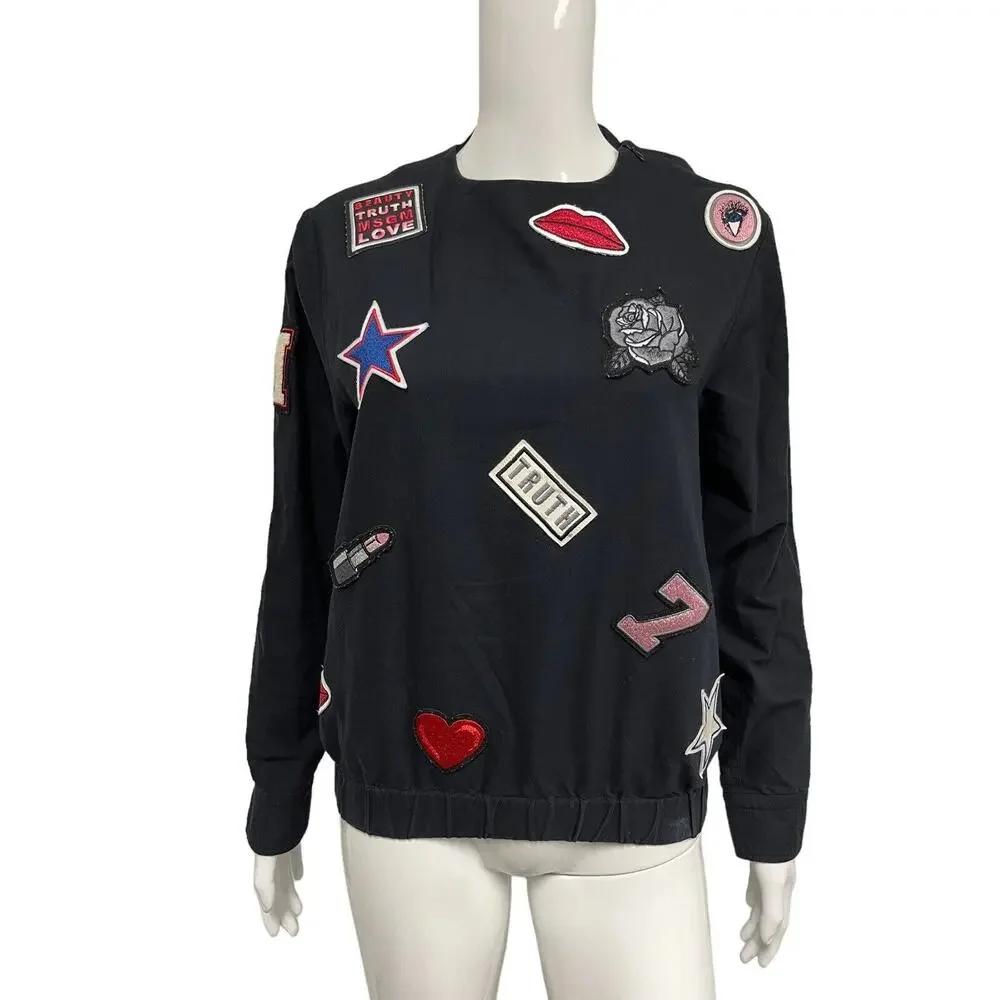 MSGM Black Cotton Patch Embroidered Pullover Sweatshirt Top Size 42 US 6 - Picture 1 of 5